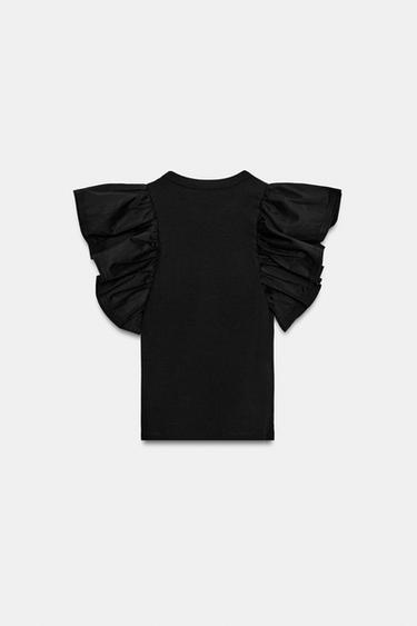CONTRAST RIBBED T-SHIRT WITH RUFFLES - Black by Zara - Image 4