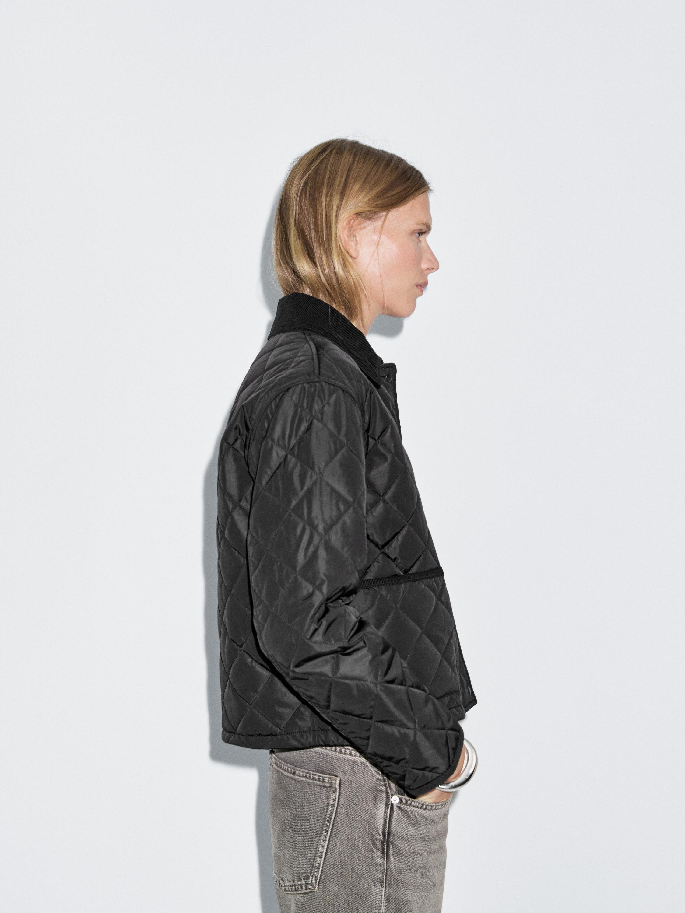 Short lightweight puffer jacket with corduroy detail