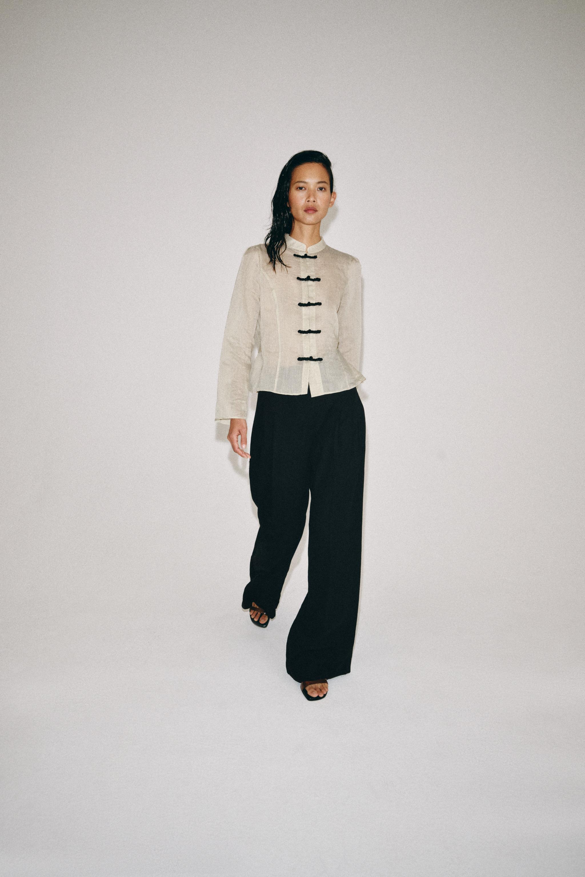ZW COLLECTION STRIPED FROG CLASP SHIRT — Ecru / Black
