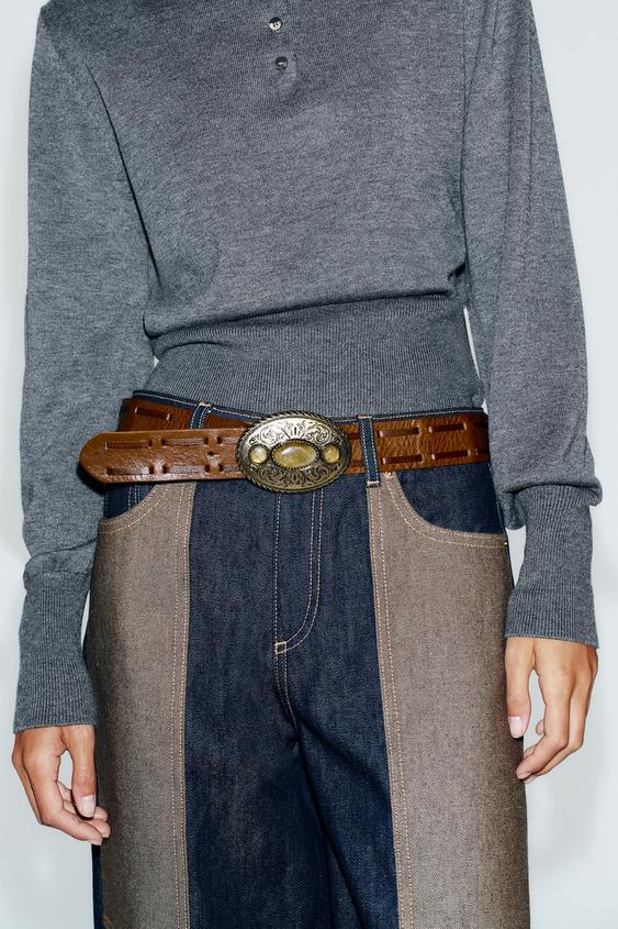 100% LEATHER BELT WITH STONE BUCKLE - Brown by Zara - Image 0