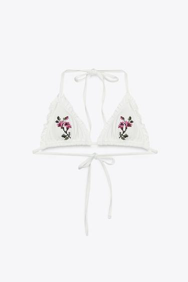 CROSS-STITCH FLORAL TRIANGLE BIKINI TOP - Ecru by Zara - Image 3