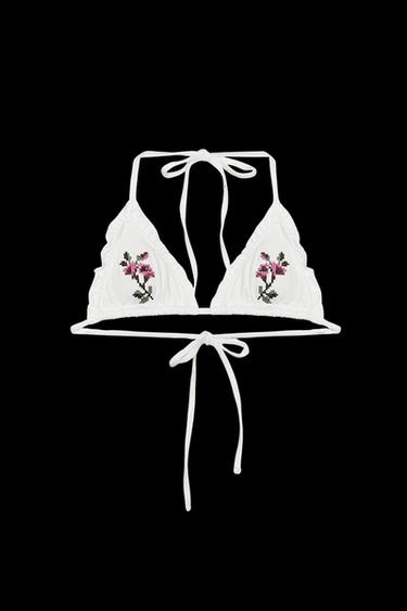 TRIANGEL-BIKINI-TOP MIT KREUZSTICH-BLUMEN - Cremefarben von Zara