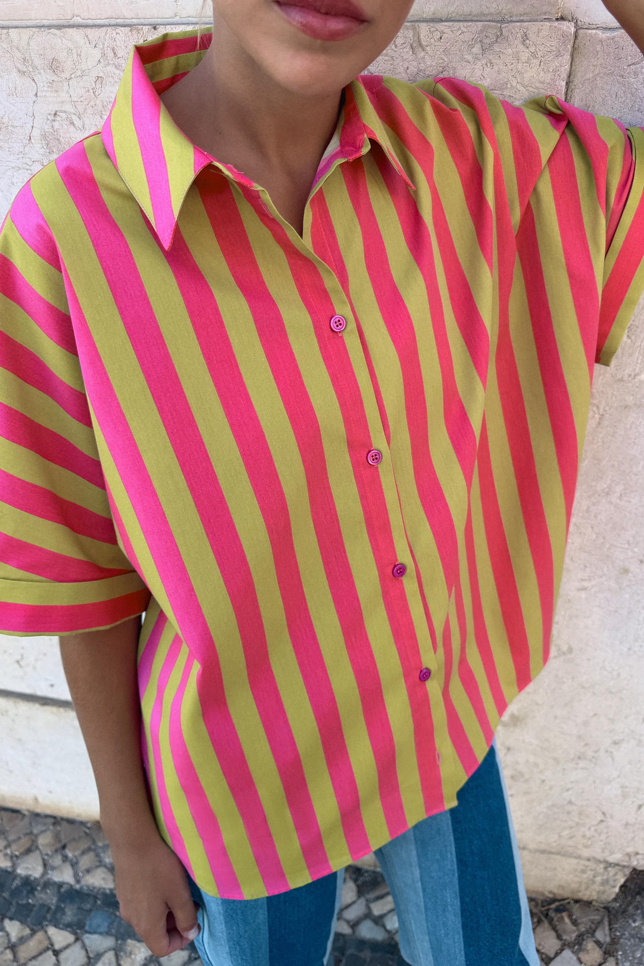 SHORT SLEEVE STRIPED SHIRT — Multicolored