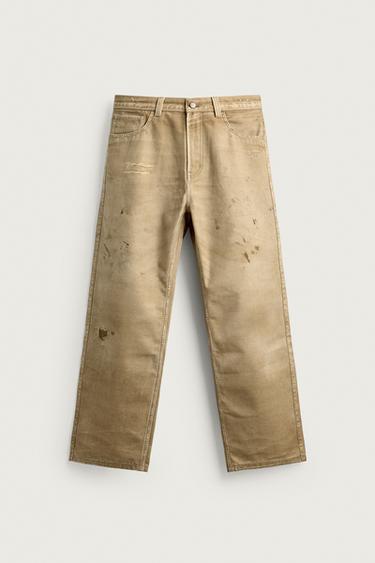 WASHED PRINTED STRAIGHT-LEG TROUSERS - camel by Zara