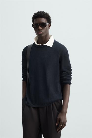 Zara 100% LINEN SWEATER - Dark navy