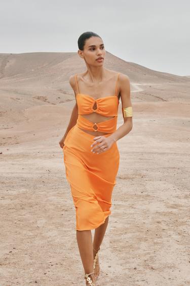 CUT-OUT SATIN MIDI DRESS - Orange by Zara