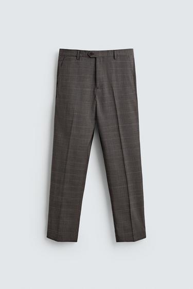 بنطلون بدلة مربعات 100% صوف - بني الخاص بـ Zara