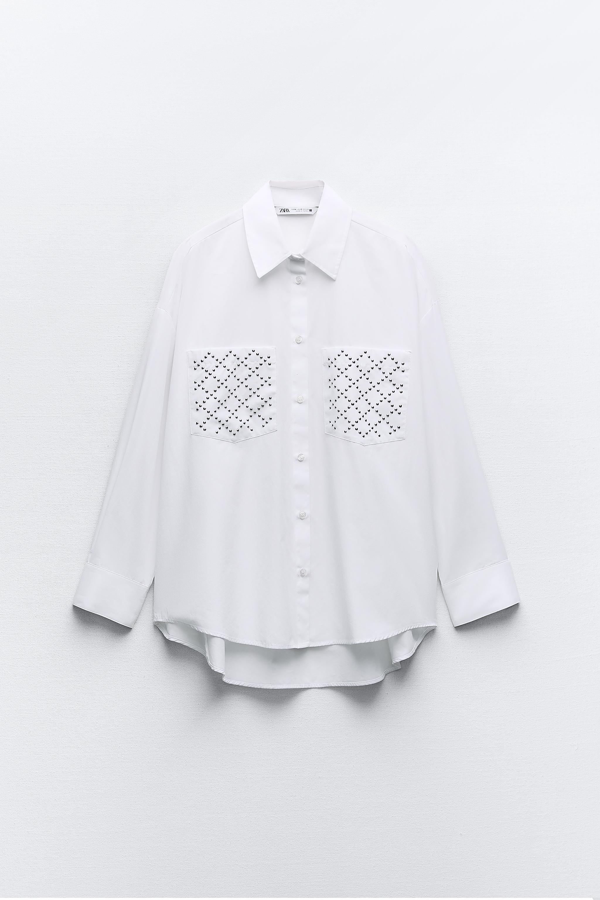 オーバーサイズ スタッズ ポプリンシャツ - ホワイト | ZARA Japan / 日本