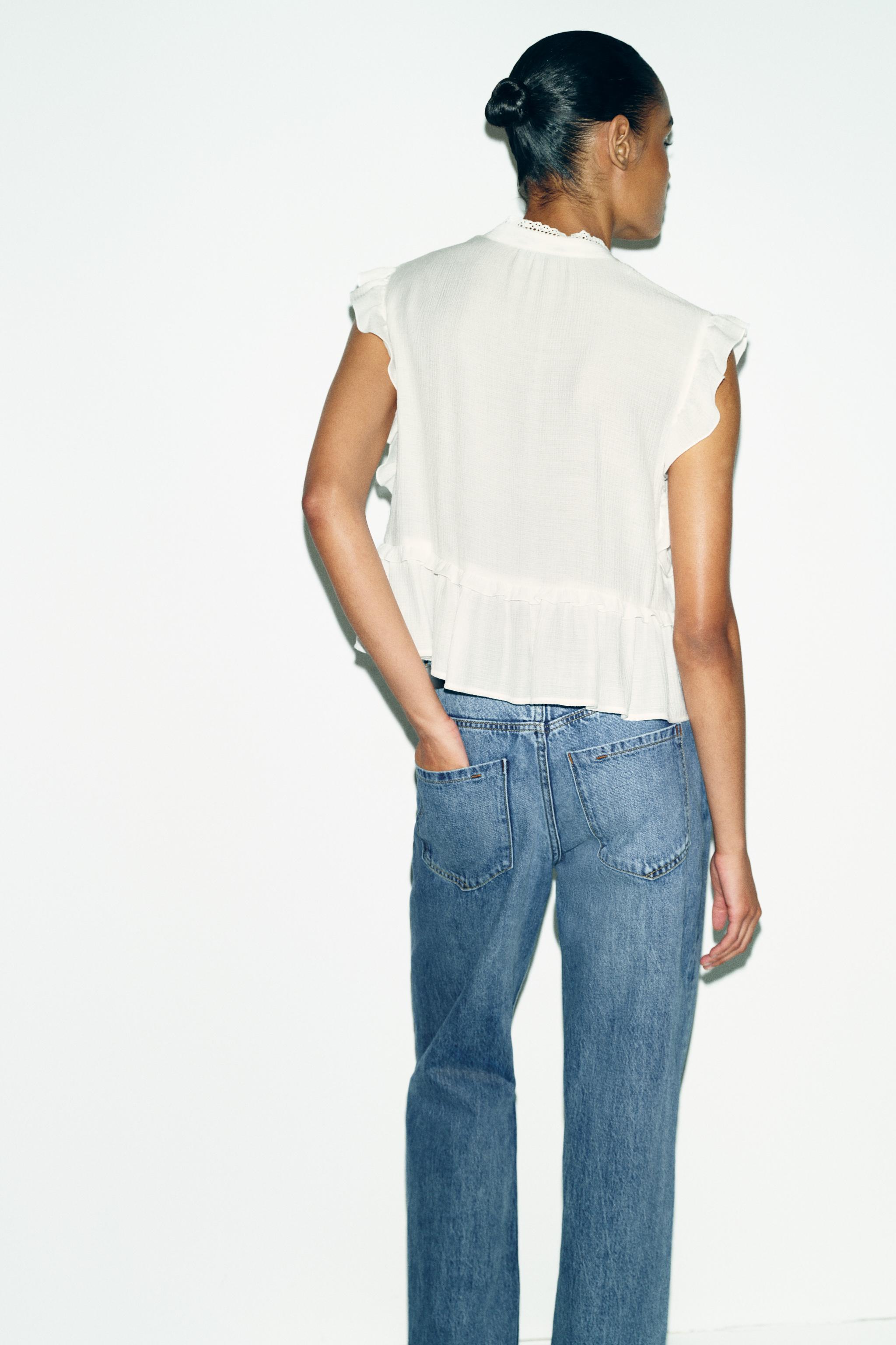 Женские рубашки Zara EMBROIDERED RUFFLE TOP — фото 3