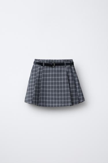 FALDA BERMUDA CUADROS CINTURÓN - Gris perla de Zara