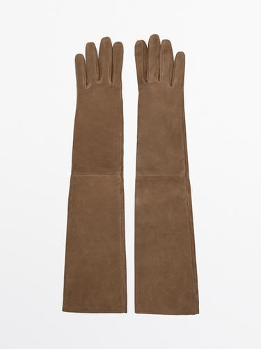 Gants longs en cuir finition daim - Sable de Zara