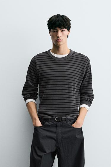 Zara 基本款細格紋理 T 恤 - 條紋