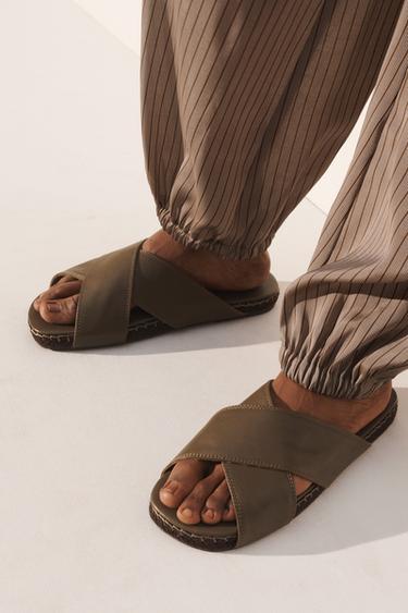 LEATHER CROSSOVER SANDALS - Green by Zara - Image 1