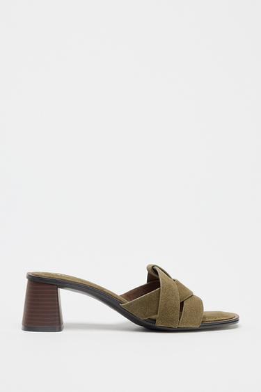 SANDALES À TALONS EN CROÛTE DE CUIR ET BRIDES - Vert kaki de Zara