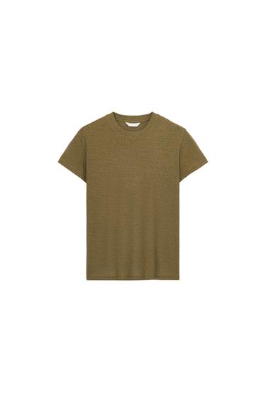 SHORT SLEEVE LINEN BLEND T-SHIRT - Dark olive by Zara