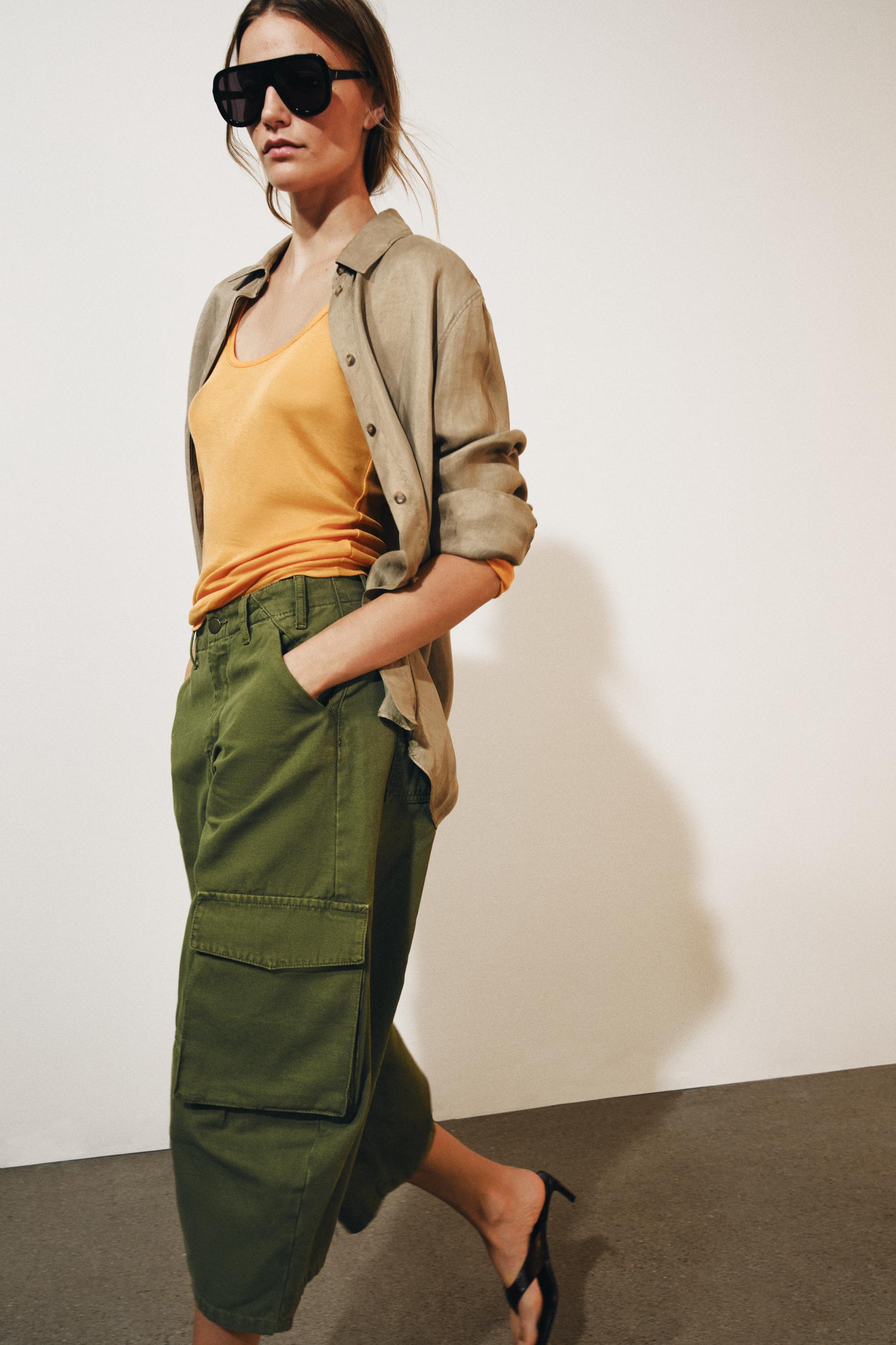 ZW COLLECTION MID-RISE CARGO CAPRI JEANS — Khaki