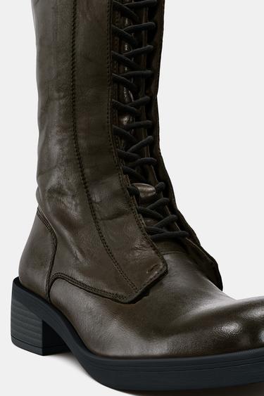 LEATHER LACE-UP ANKLE BOOTS - Khaki Green by Zara - Image 6