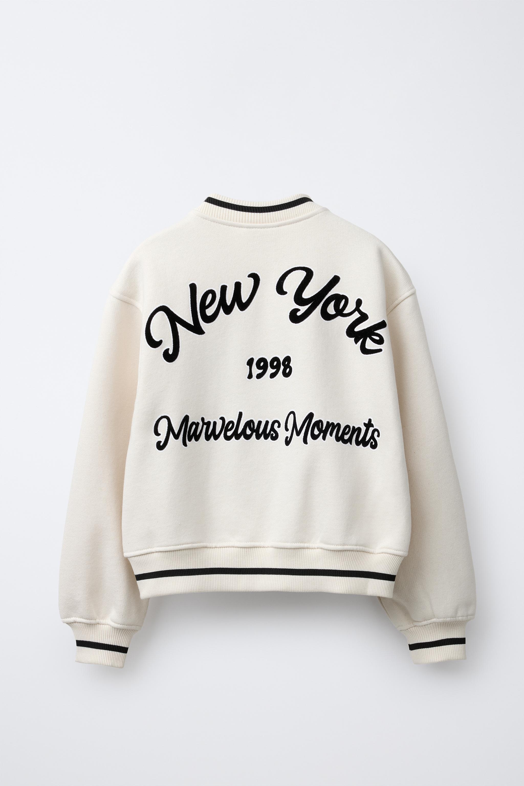 ゆめ PLUSH BOMBER JACKET WITH EMBROIDERED TEXT - Ecru | ZARA