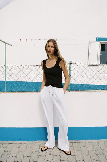 LINEN BLEND STRAIGHT TROUSERS - Oyster-white by Zara