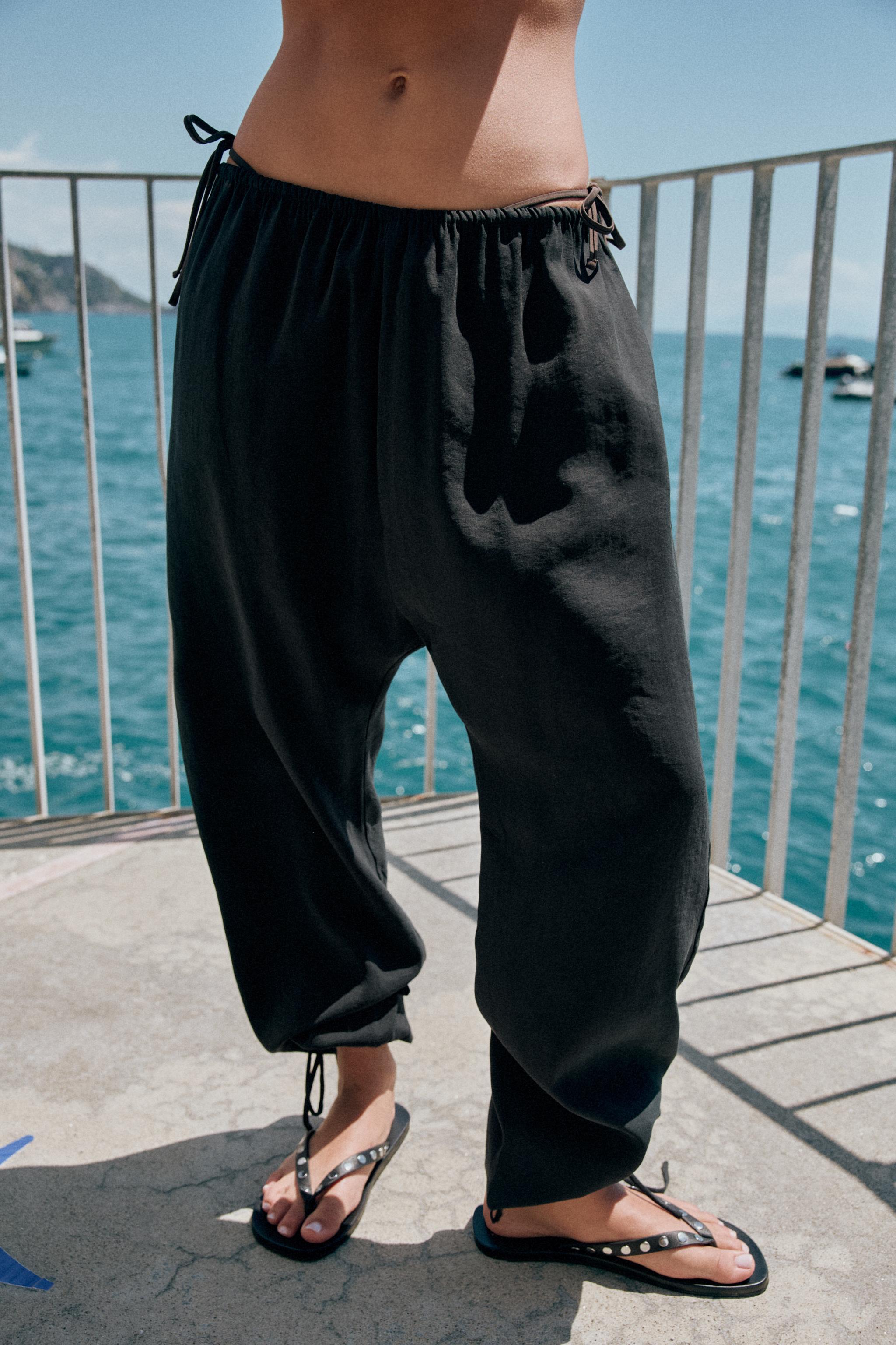 LOOSE FIT BAGGY TROUSERS WITH TIES — Black