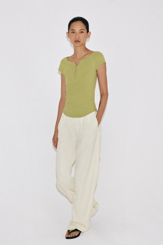 LINEN BLEND BUTTON-UP T-SHIRT - Pistachio by Zara - Image 0