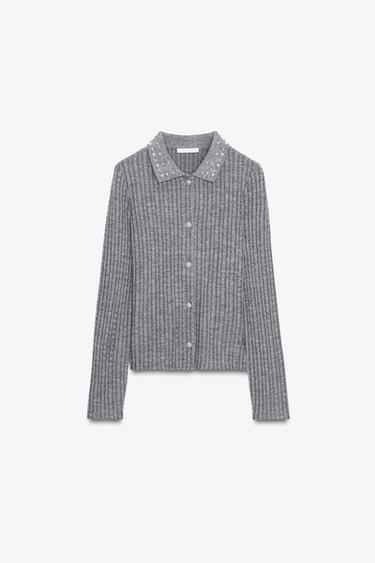 ジュエルネック クロップドニットジャケットグレーマールZaraのジュエルネック クロップドニットジャケット - グレーマール 