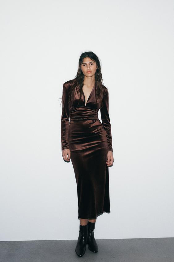 Zara - Draped Velvet Midi Dress - Dark Brown - S - Woman Zara - Draped Velvet Midi Dress - Dark Brown - S - Woman
