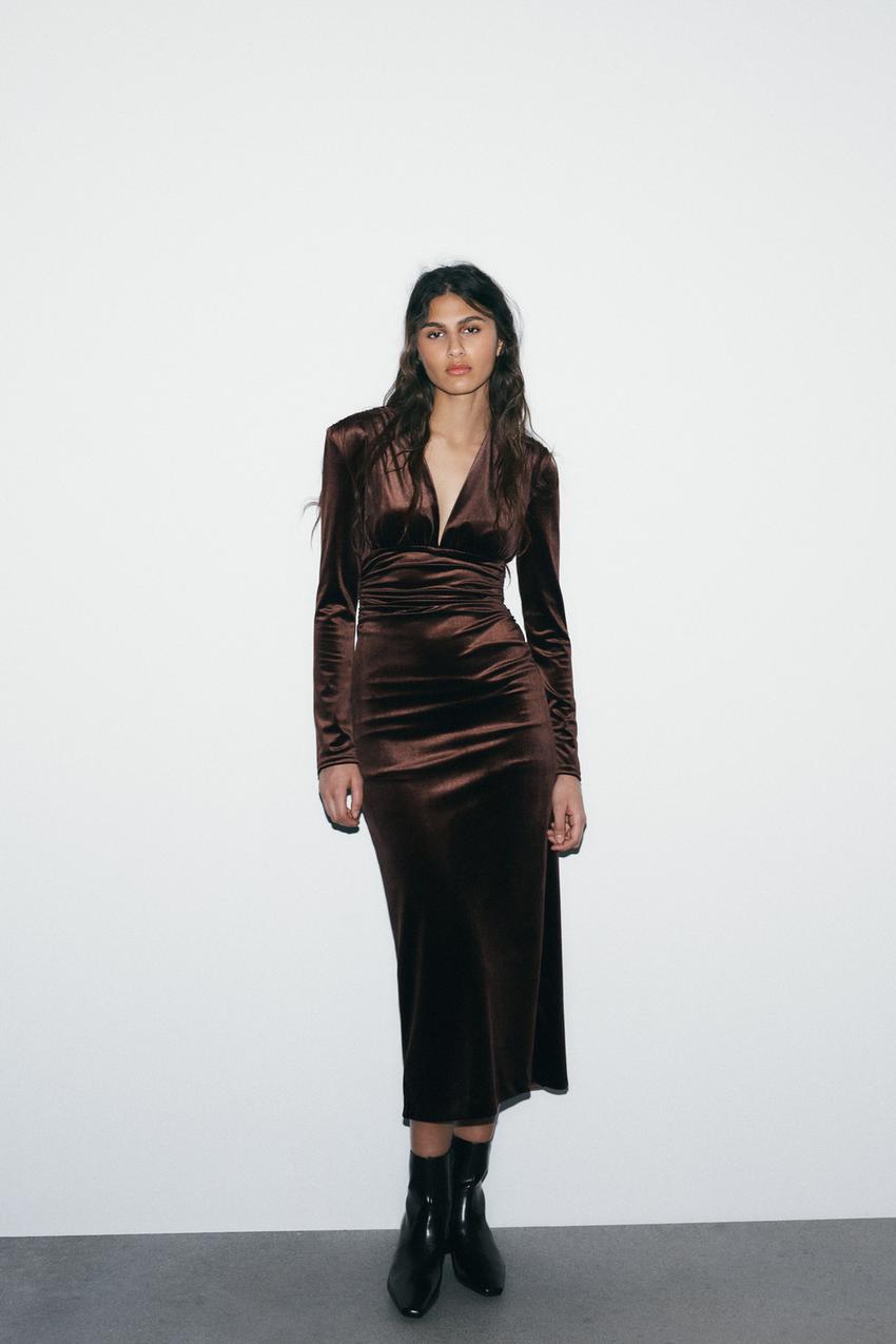 ZARA DRAPED VELVET MIDI DRESS