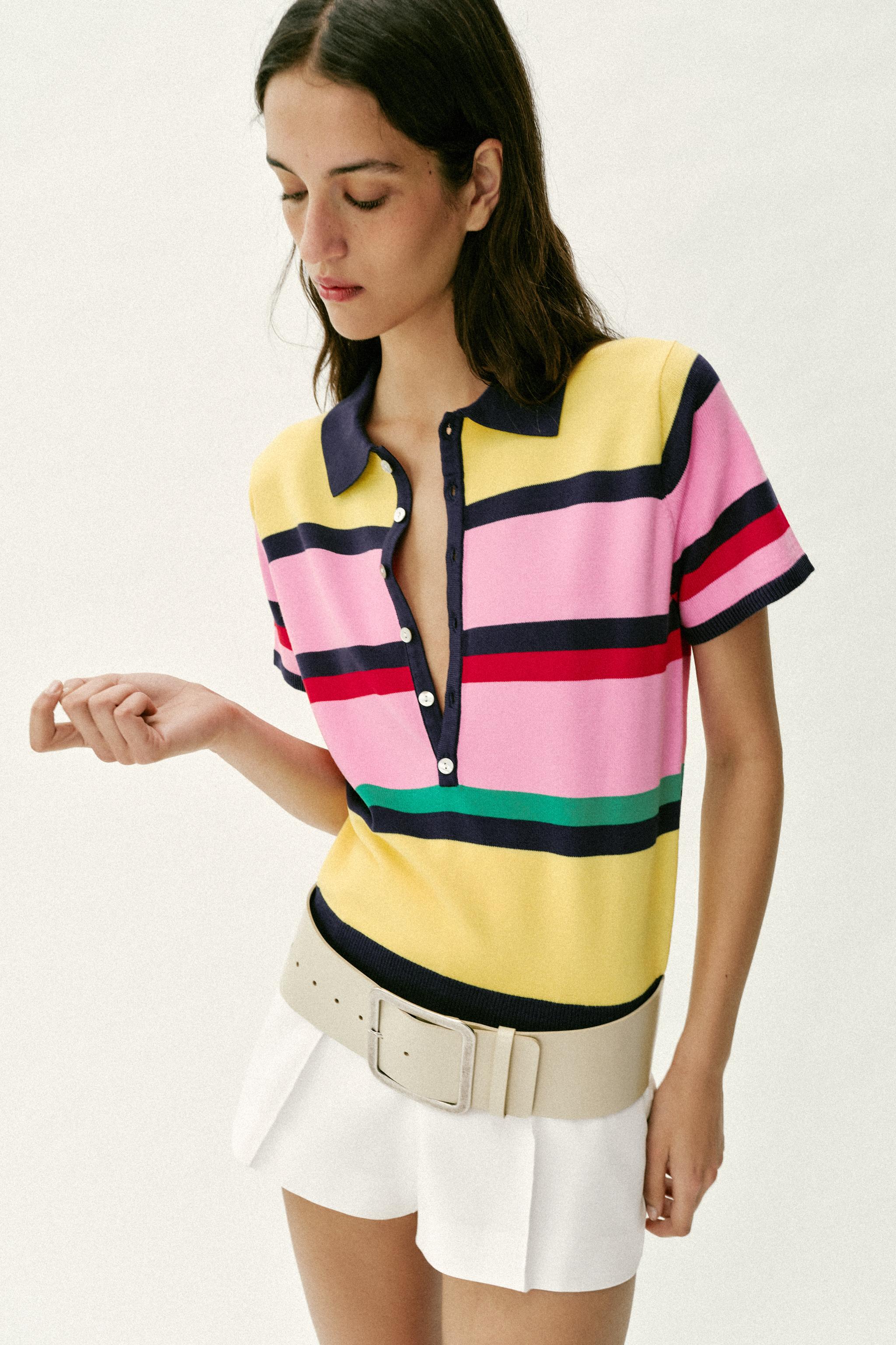 STRIPED KNIT POLO TOP