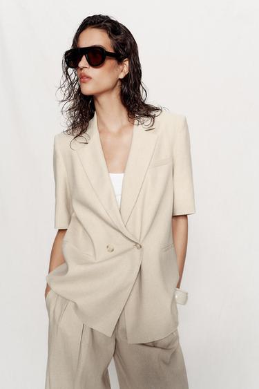 Zara SHORT SLEEVE LINEN BLEND DOUBLE BREASTED BLAZER - Light beige