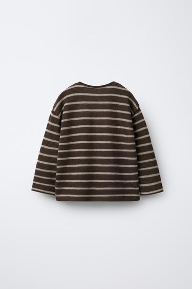T-SHIRT SOFT TOUCH À RAYURES AVEC PIÈCE LAPIN EN VELOURS BOUCLÉ - Marron foncé de Zara - Image 1