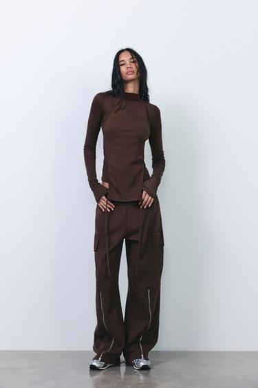 WASHED-EFFECT CARGO TROUSERS WITH ZIPS - Brown by Zara