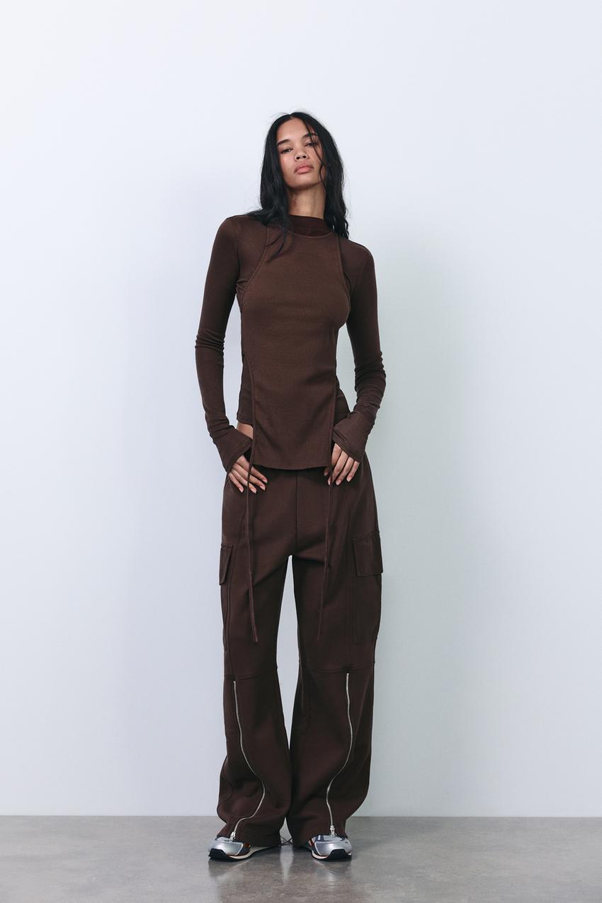 WASHED EFFECT ZIPPER CARGO PANTS - Brown | ZARA United States