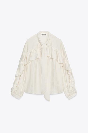Zara RUFFLED BOW BLOUSE - Ecru