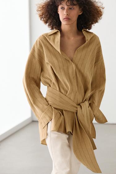 Zara Striped flowing shirt with corset belt detail - Mustard