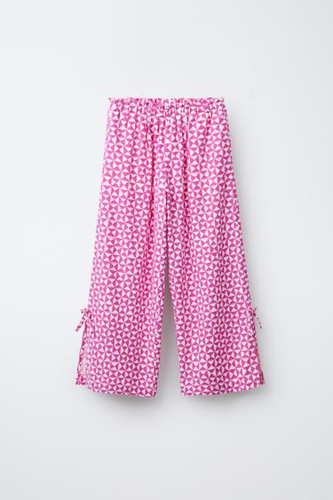 PRINTED STRAIGHT-LEG LINEN BLEND TROUSERS - Pink / White by Zara
