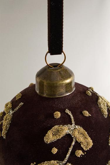 VELVET BAUBLE CHRISTMAS TREE DECORATION WITH LEAVES - Brown by Zara - Image 3