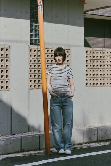 JEANS TRF WIDE LEG 디스트로이드 미드라이즈 - Zara 블루