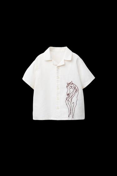 LINEN BLEND EMBROIDERED HORSE SHIRT - Ecru by Zara - Image 0