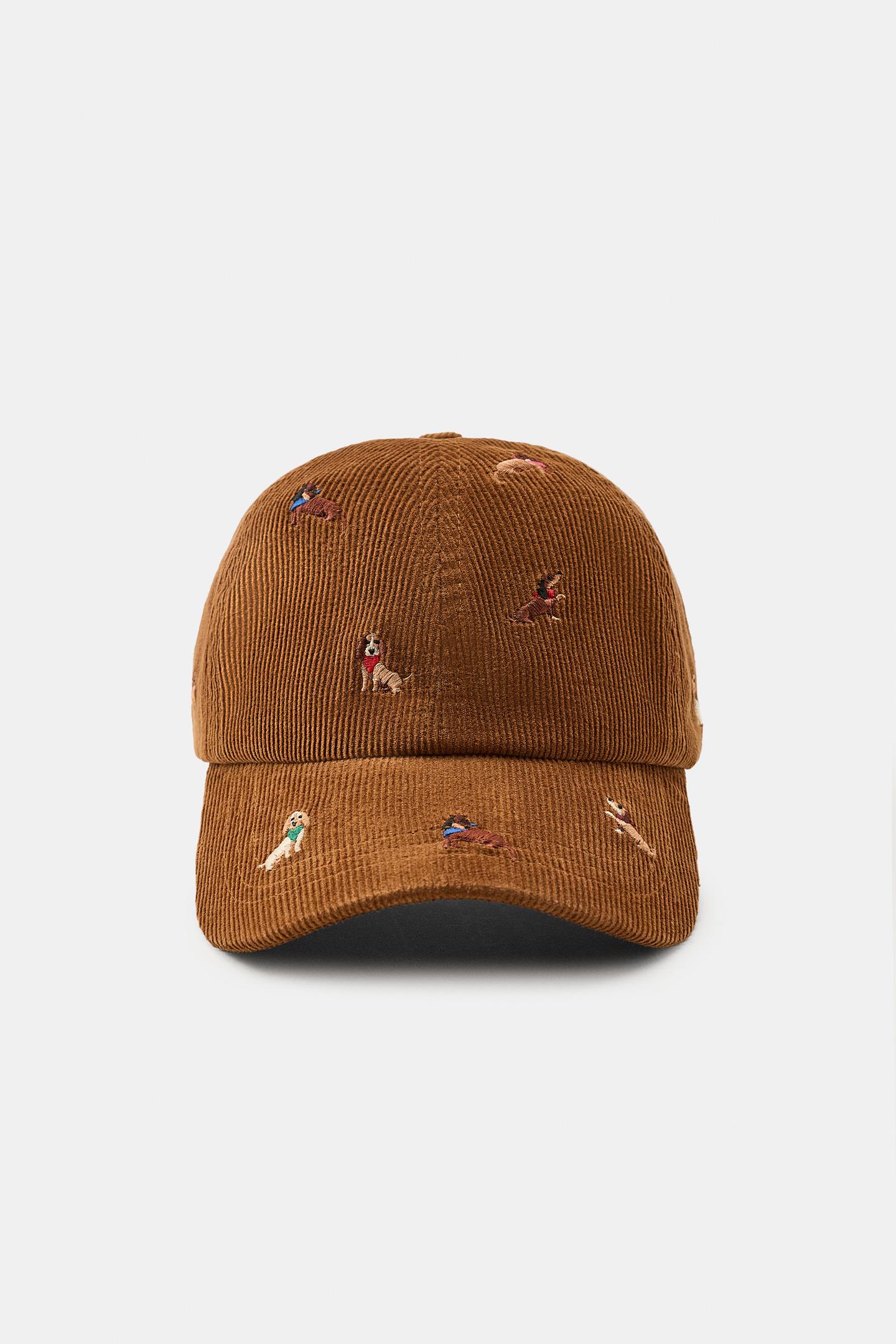 Женская кепка Zara Dog Embroidery Corduroy, цвет: Тёмный верблюжий — фото 3