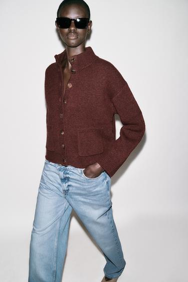 HIGH NECK KNIT CARDIGAN - Brown by Zara