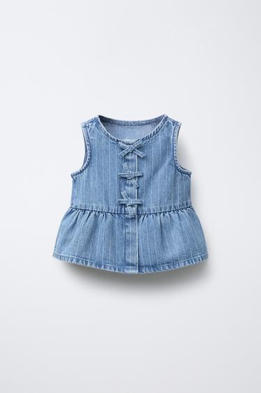 Zara STRIPED DENIM TOP - Mid-blue