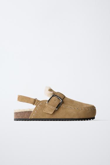 Zara LINED LEATHER CLOGS - Beige