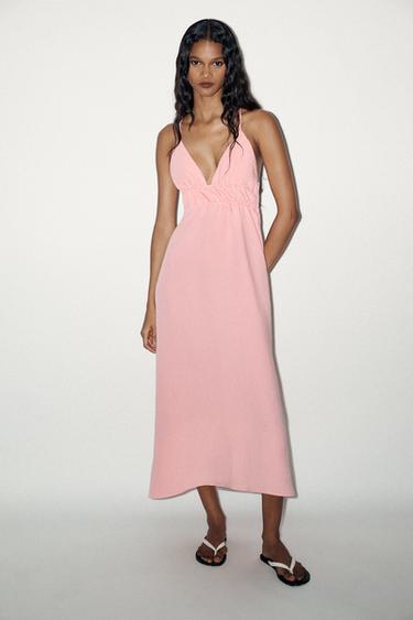 GAUN MIDI BAHAN JATUH - Chalk pink dari Zara