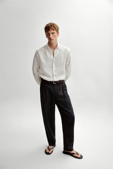 Zara 100% linen regular fit striped shirt - Ecru