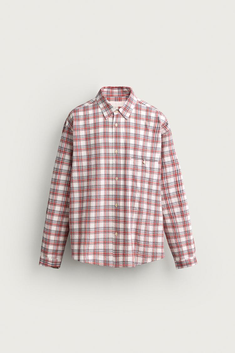 TEXTURED CHECKED SHIRT — Red / Navy