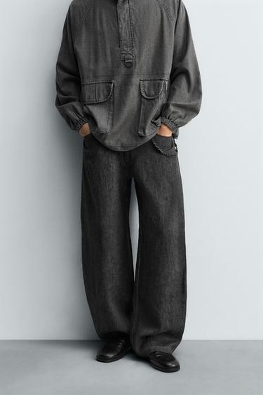 Zara 100% LINEN BAGGY FIT PANTS - Gray