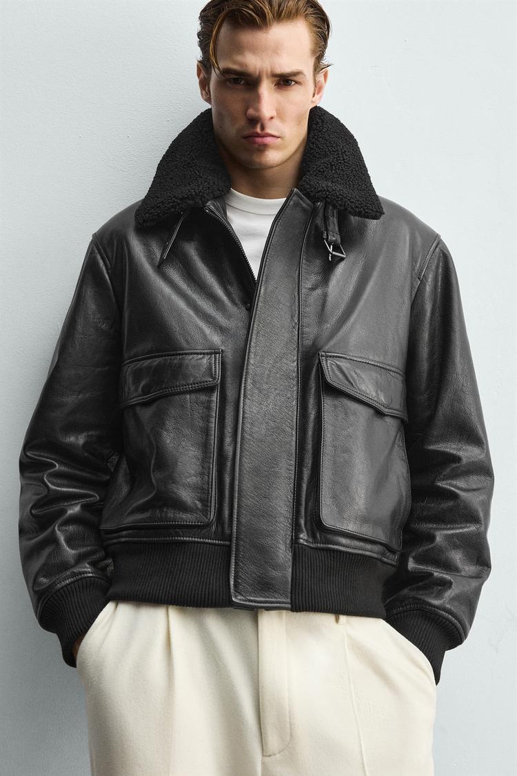 ZARA LEATHER JACKET WITH CONTRAST COLLAR