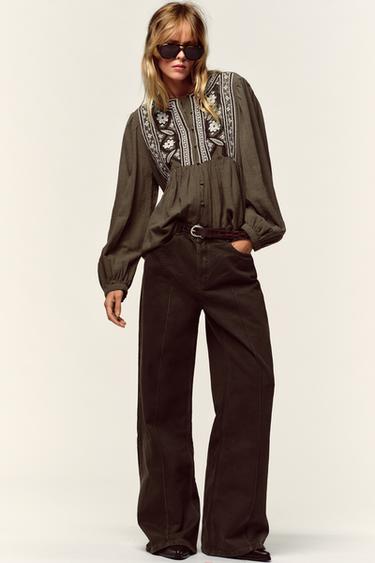 EMBROIDERED BIB BLOUSE - Dark khaki by Zara - Image 0