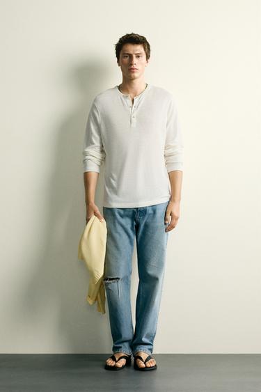 HEMP-VISCOSE HENLEY T-SHIRT - Oyster-white by Zara